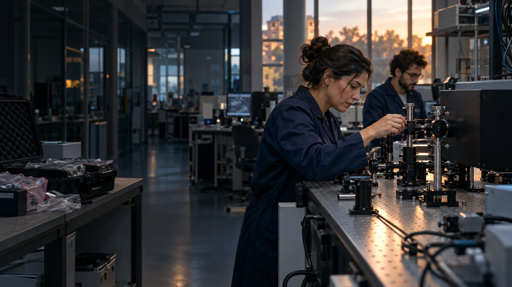 Cena ilustrativa de pesquisadores ajustando instrumentação científica em laboratório