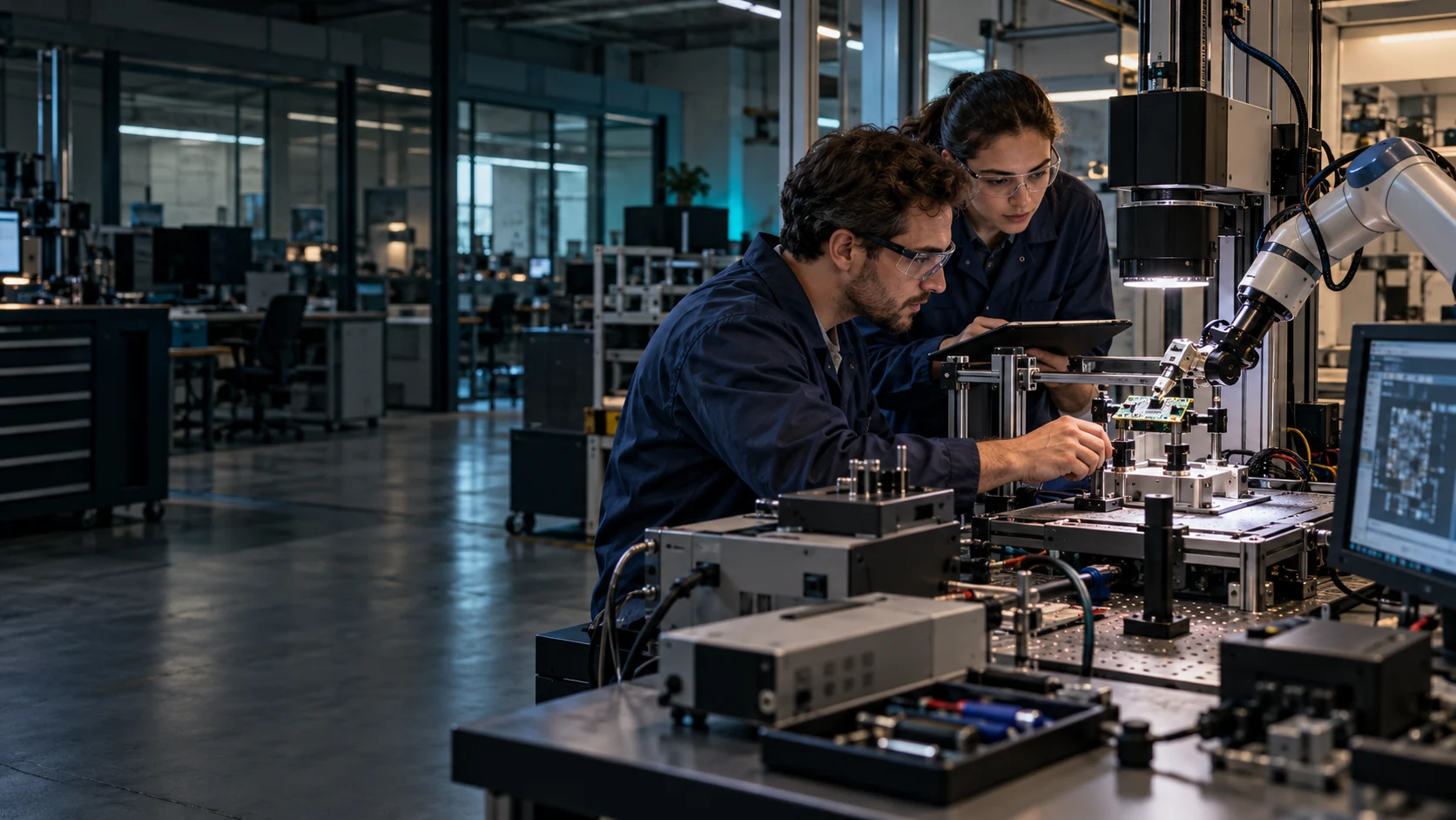 Cena ilustrativa de engenharia e ensaios em laboratório empresarial de pesquisa e desenvolvimento